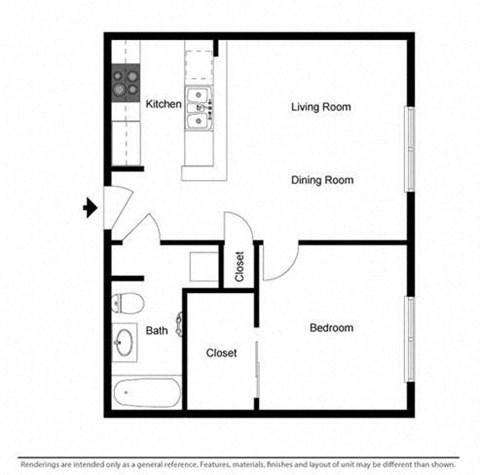 Floor plan for 1 bed, 1 bath, 600 sqft